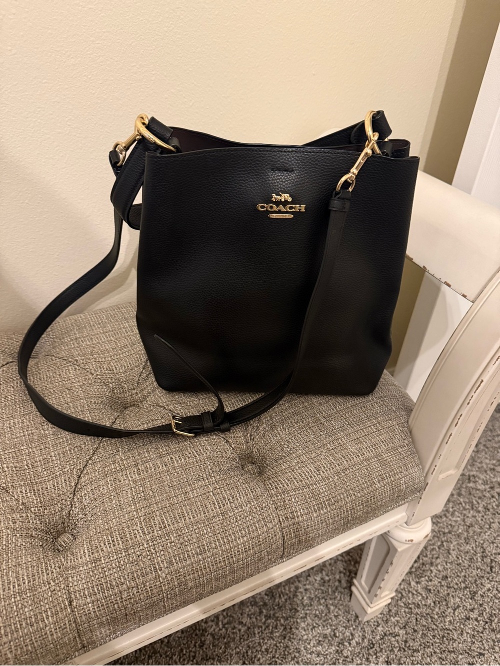 Coach Black Pebbled Leather Shoulder Bucket Bag with Gold Hardware